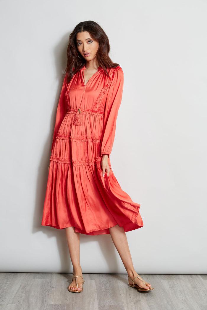 elie tahari Long Sleeve Ruffle Midi Dress WILD FLOWER