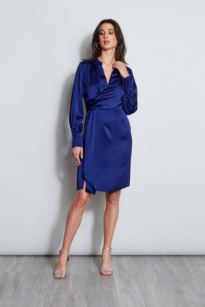 elie tahari Long Sleeve Satin Wrap Dress DARK SAPPHIRE