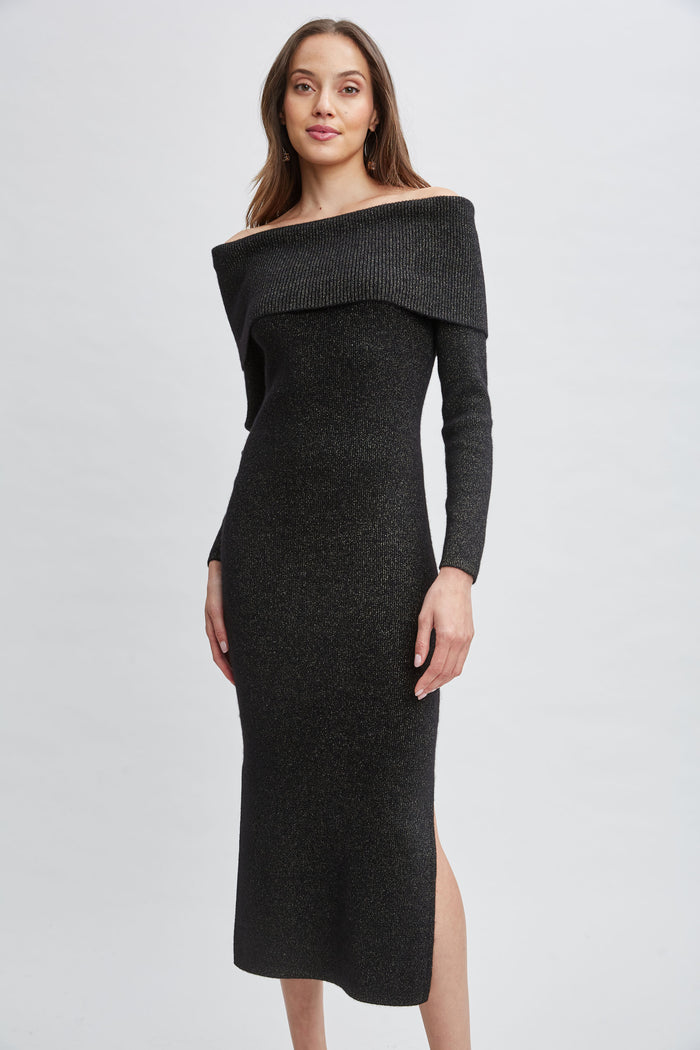 Elie Tahari Metallic Cashmere Off Shoulder Dress NOIR LUREX