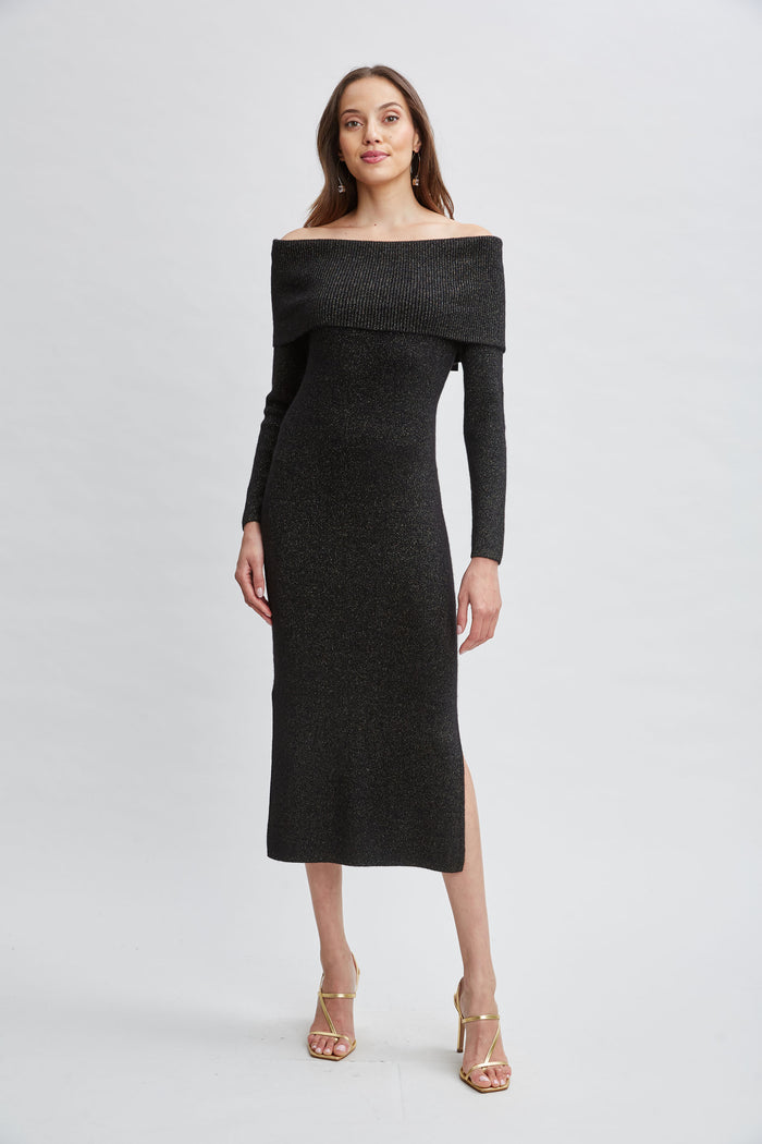 elie tahari Metallic Cashmere Off Shoulder Dress NOIR LUREX