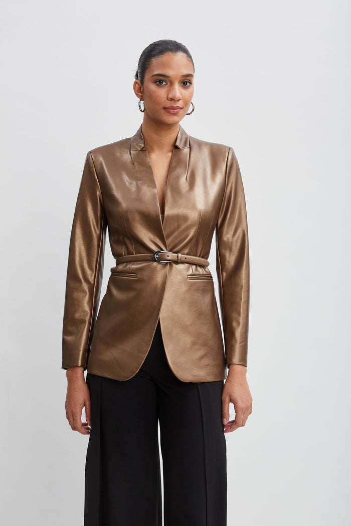 elie tahari Metallic Vegan Leather Belted Blazer BRONZE