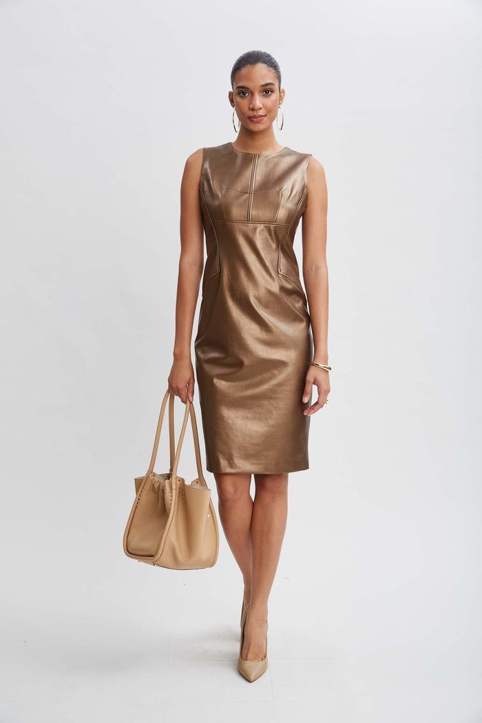 elie tahari Metallic Vegan Leather Panel Dress BRONZE