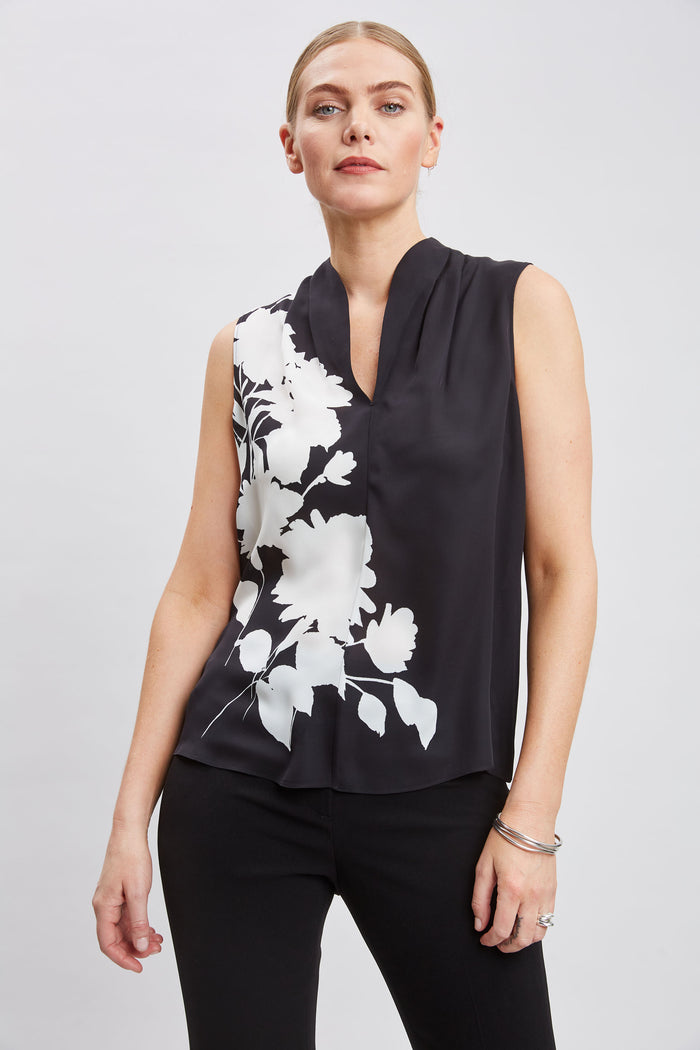 elie tahari Midnight Garden Sleeveless Silk Top BLACK-IVORY