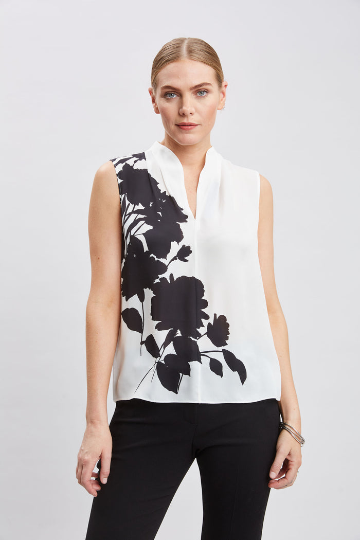 elie tahari Midnight Garden Sleeveless Silk Top IVORY-BLACK