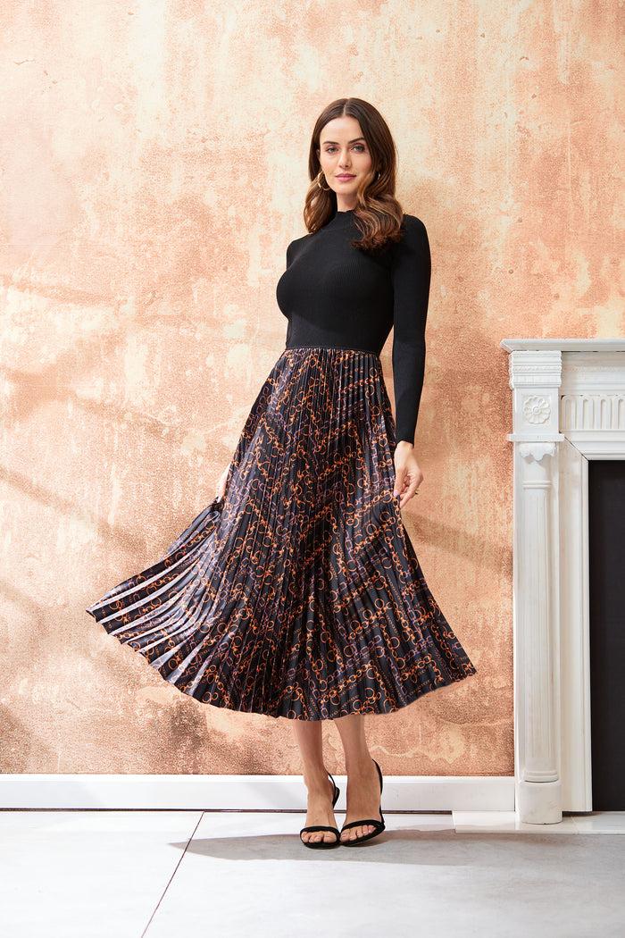 Elie Tahari Mixed Media Chain Pleated Dress NOIR W GILDED CHAIN PRINT