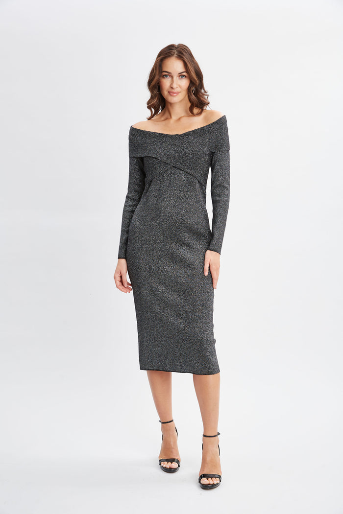 elie tahari Off Shoulder Metallic Sweater Dress NOIR WITH SILVER LUREX