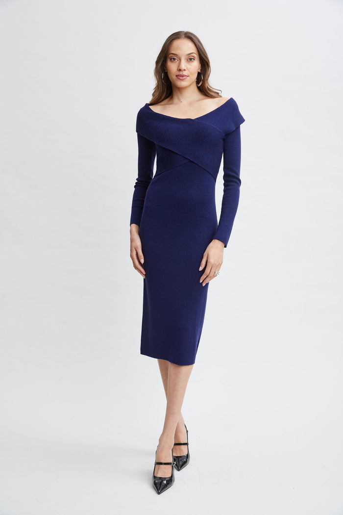 elie tahari Off Shoulder Wool Sweater Dress DEEP EVENING BLUE