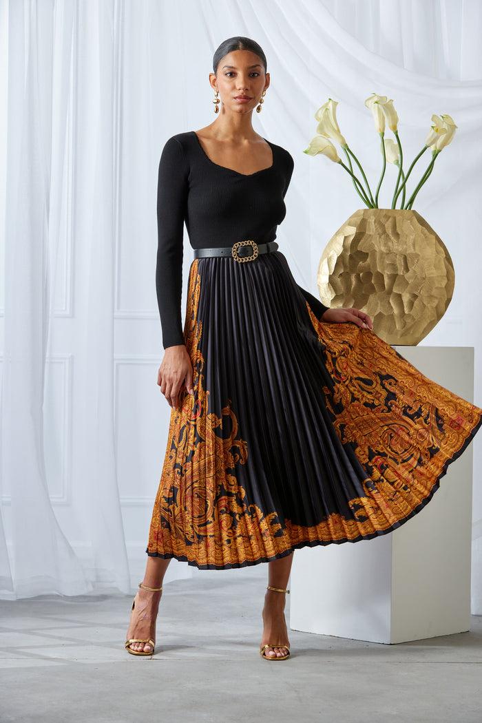 Elie Tahari Paisley Pleated Midi Dress NOIR/GILDED DREAM PRINT