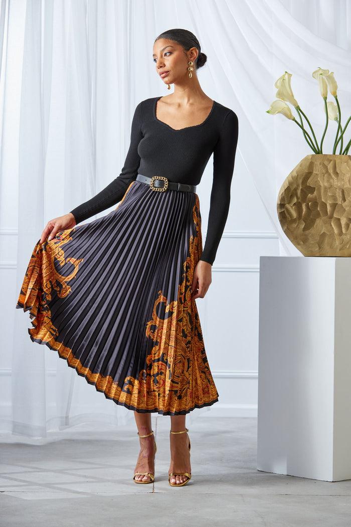 Elie Tahari Paisley Pleated Midi Dress NOIR/GILDED DREAM PRINT