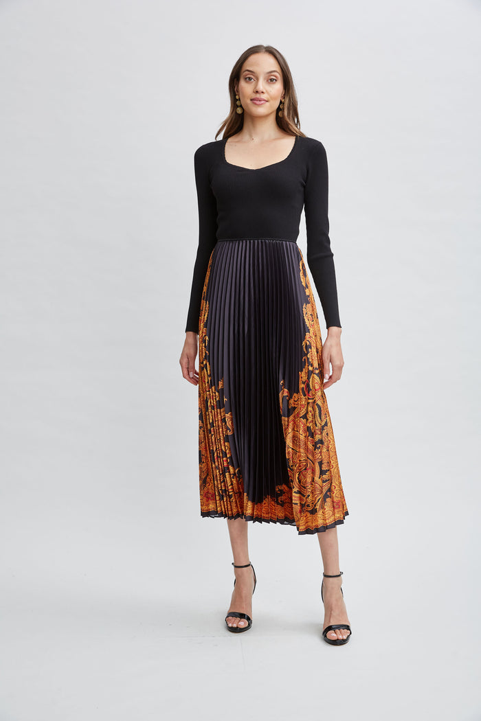 elie tahari Paisley Pleated Midi Dress NOIR/GILDED DREAM PRINT