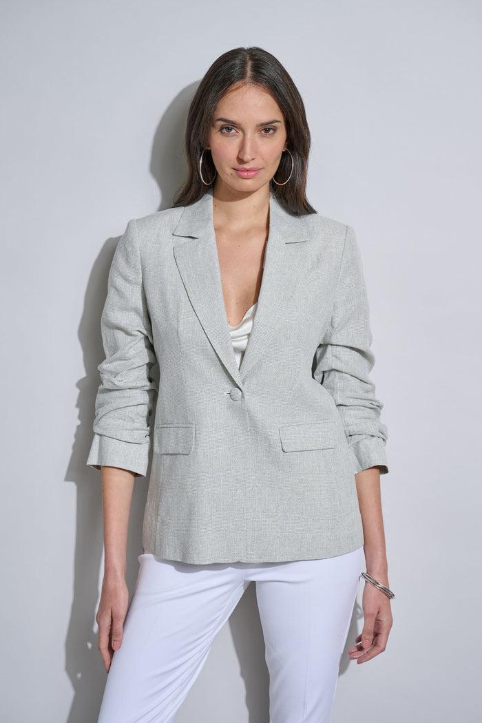 elie tahari Plaid Ruched Sleeve Linen Blazer NEUTRAL COMBO