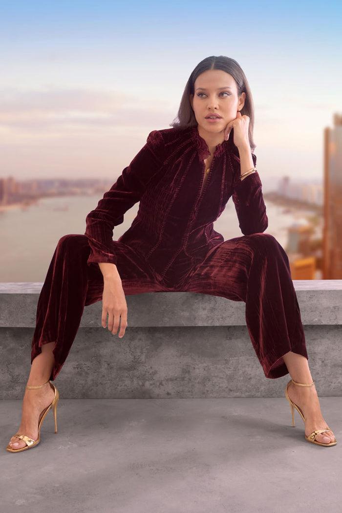 Elie Tahari Plisse Velvet Embroidered Jacket BURGUNDY