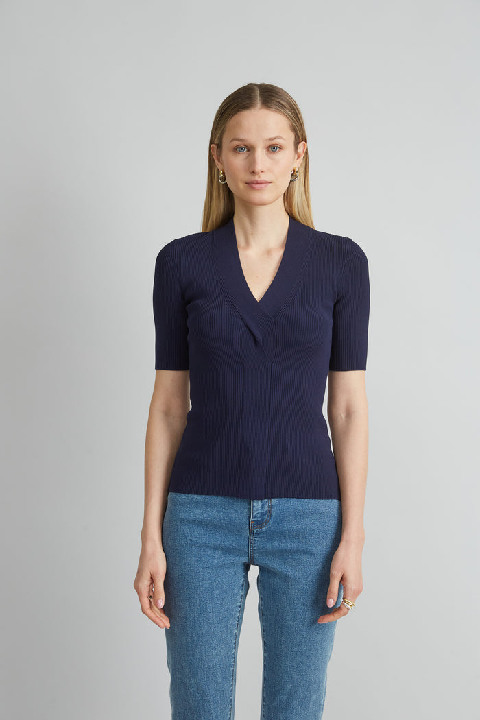 elie tahari Short Sleeve Cable Twist Sweater INDIGO