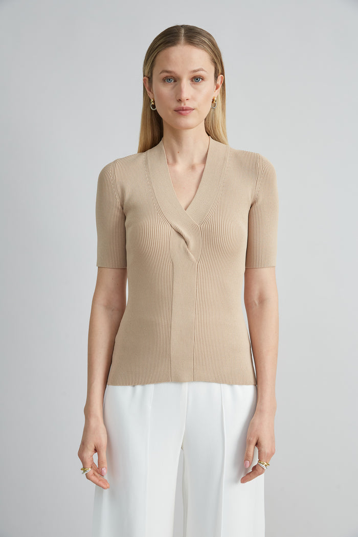 elie tahari Short Sleeve Cable Twist Sweater ISLAND SAND
