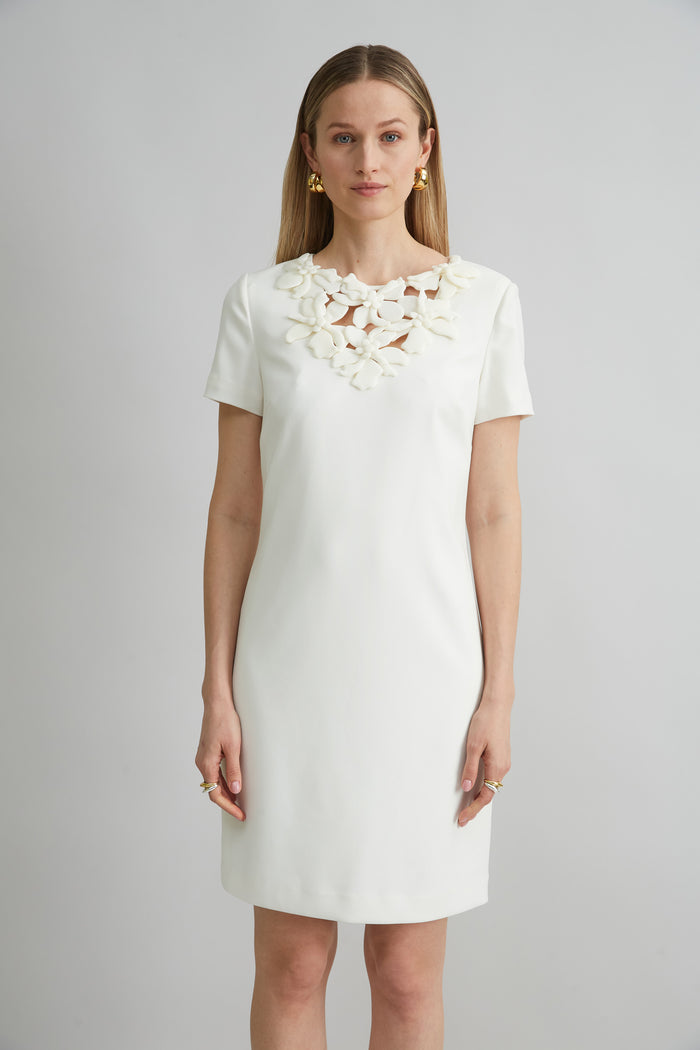 Elie Tahari Short Sleeve Flower Applique Dress FOAM