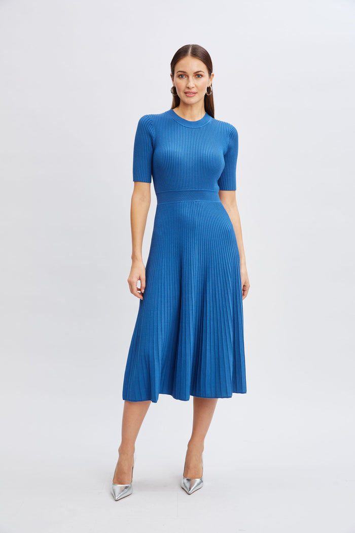 elie tahari Short Sleeve Rib Flare Sweater Dress BLUE PLATE
