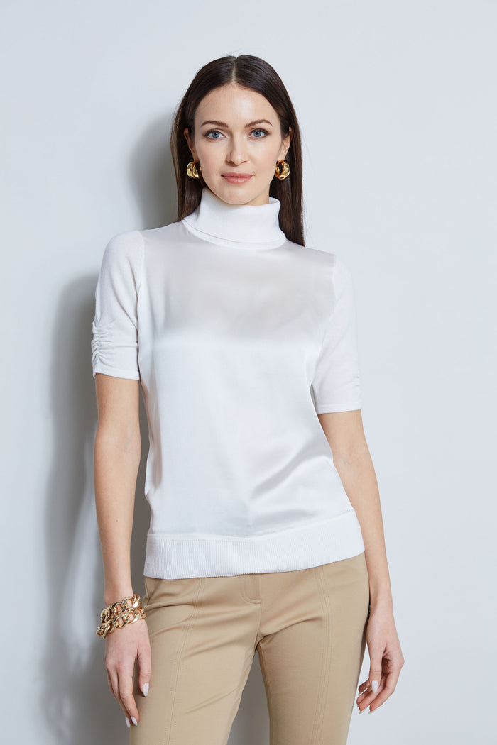 elie tahari Short Sleeve Satin Front Sweater FRESH PEARL