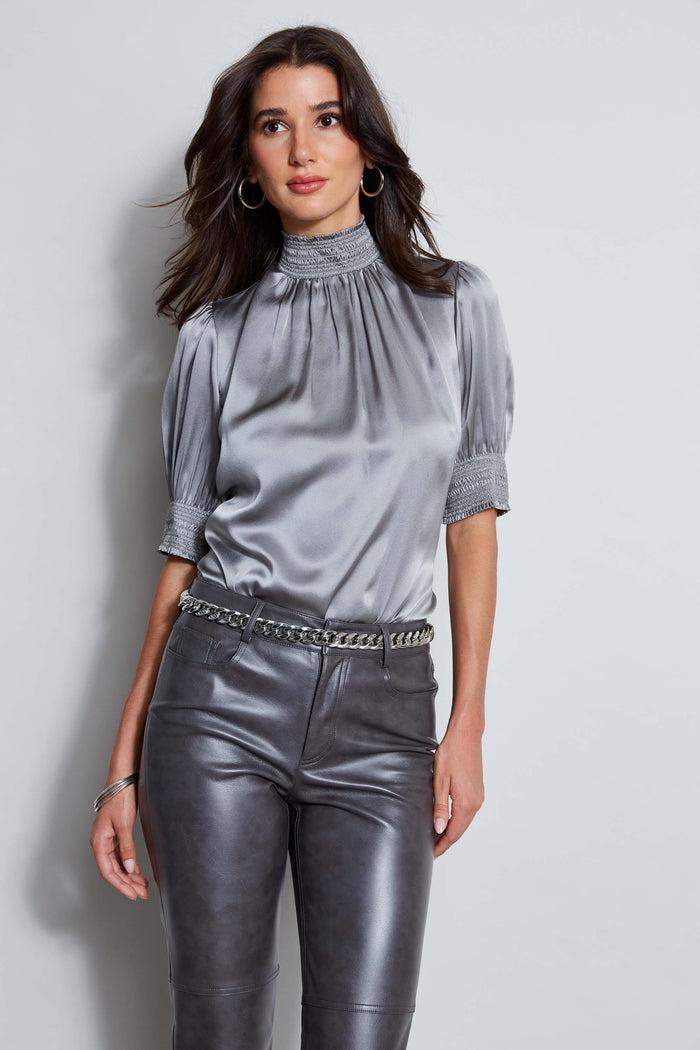 elie tahari Short Sleeve Silk Satin Smocked Shirt COMET