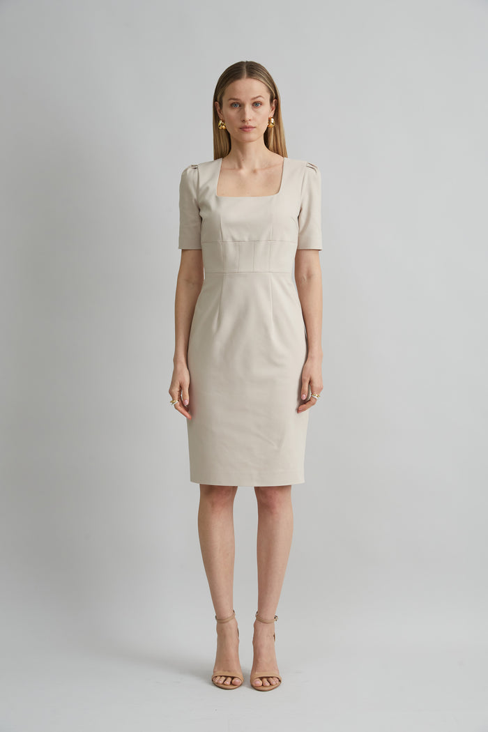 elie tahari Short Sleeve Square Neck Cotton Dress DRIFTWOOD