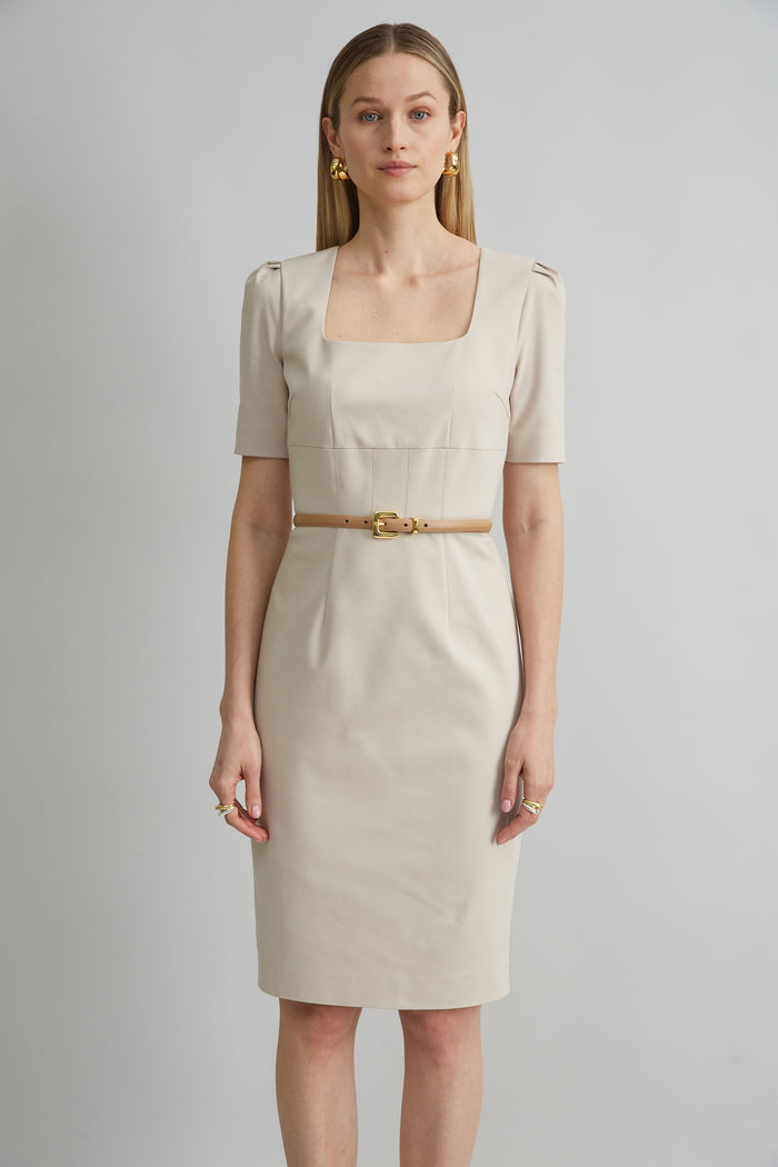 Elie Tahari Short Sleeve Square Neck Cotton Dress DRIFTWOOD