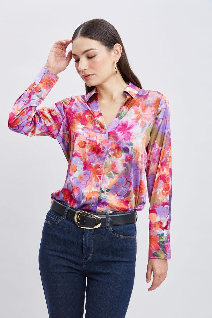 Elie Tahari Silk Bloomsbury Button Down Shirt MULTI