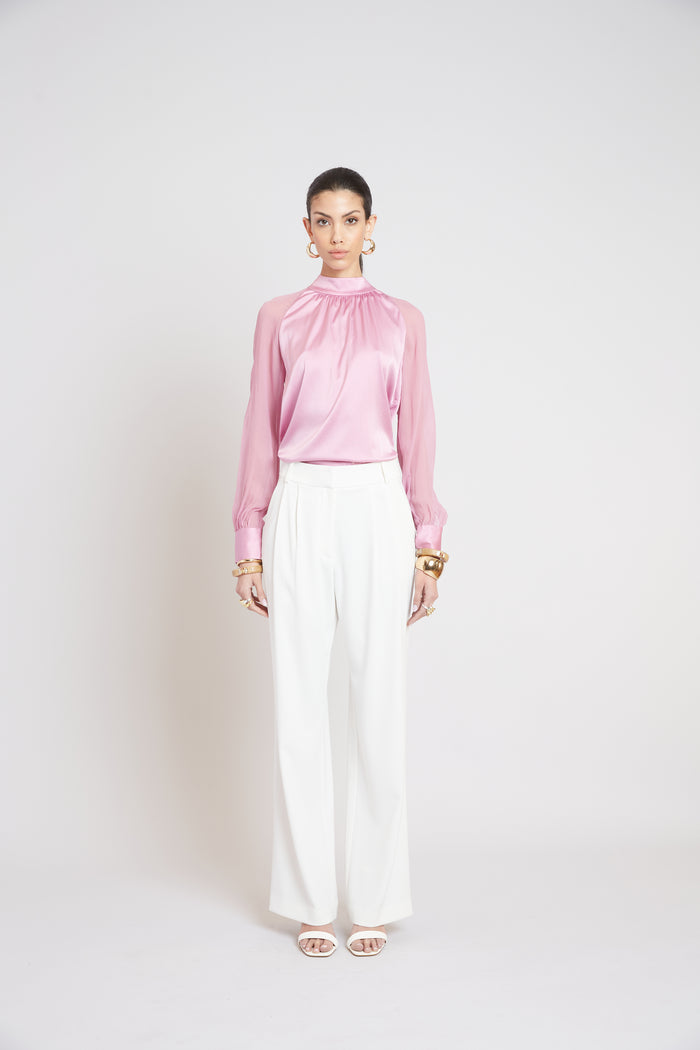 Elie Tahari Silk Chiffon Sleeve Tie Shirt CRYSTAL PINK