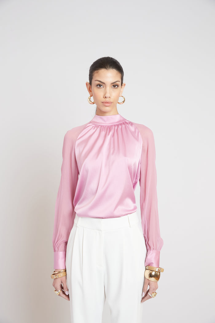 elie tahari Silk Chiffon Sleeve Tie Shirt CRYSTAL PINK