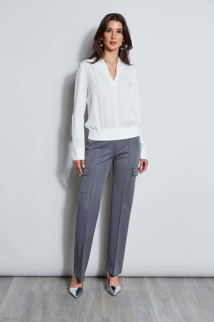 Elie Tahari Silk Contour Neck Rib Trim Shirt FRESH PEARL