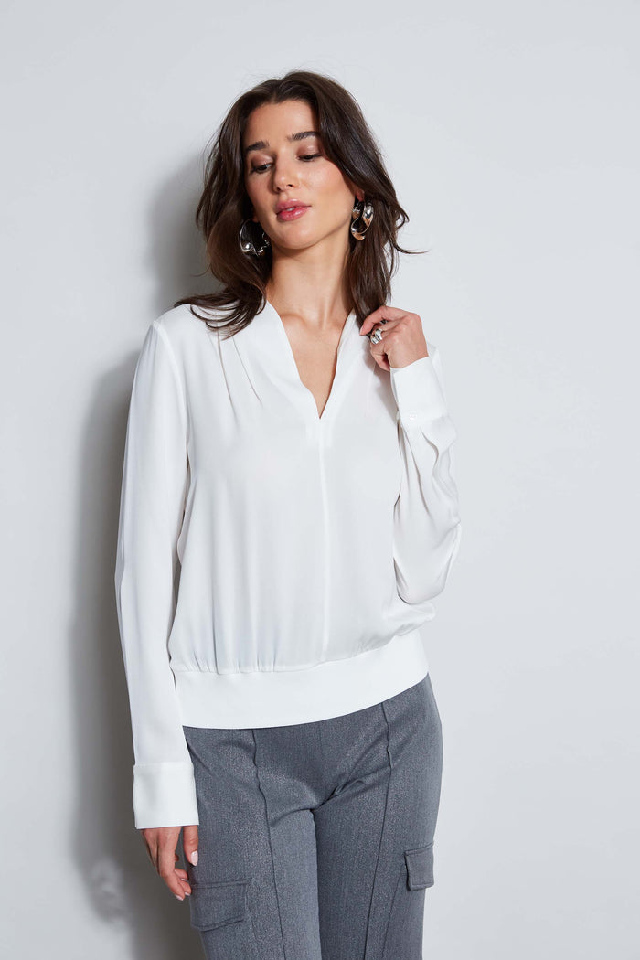 elie tahari Silk Contour Neck Rib Trim Shirt FRESH PEARL