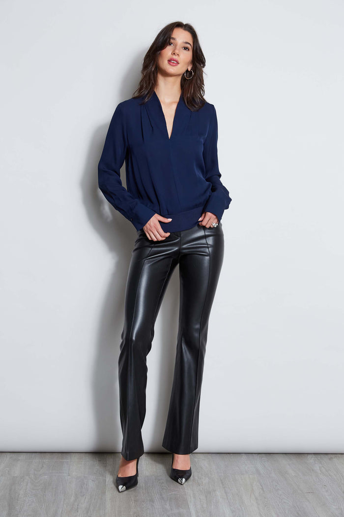 Elie Tahari Silk Contour Neck Rib Trim Shirt GALAXY NAVY