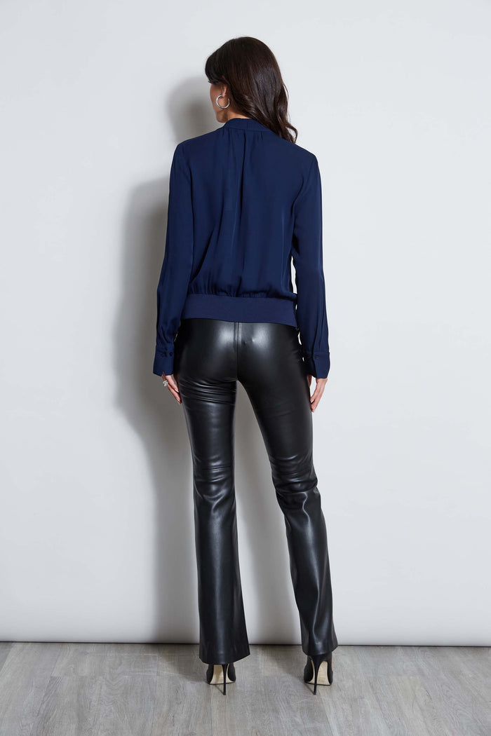 Elie Tahari Silk Contour Neck Rib Trim Shirt GALAXY NAVY