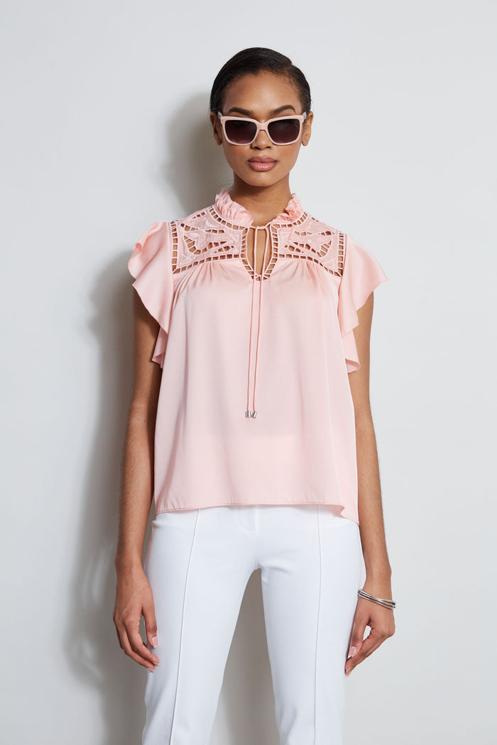 elie tahari Silk Embroidered Flutter Sleeve Shirt PINK FIZZ
