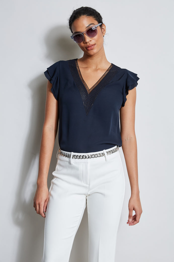 elie tahari Silk Flutter Sleeve Embroidered Shirt STARGAZER