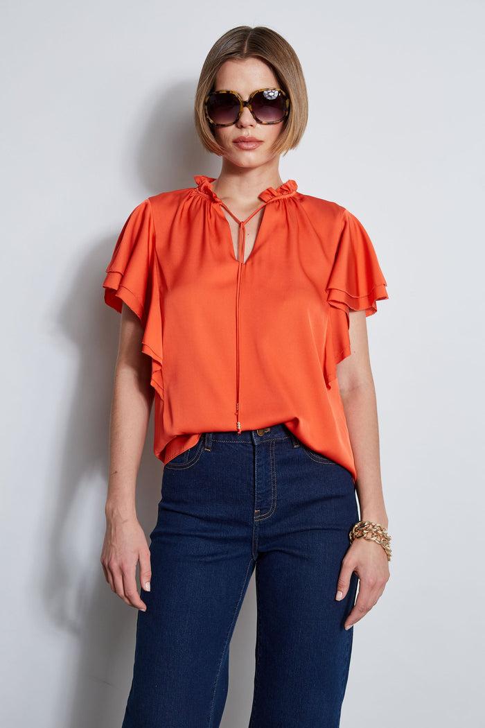 elie tahari Silk Flutter Sleeve Tie Shirt JUPITER GLOW