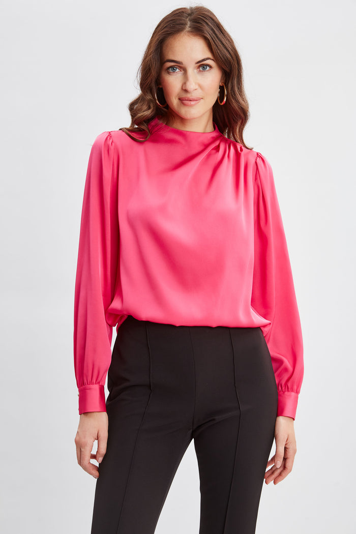 elie tahari Silk Pleated Draped Neck Shirt HAUTE PINK