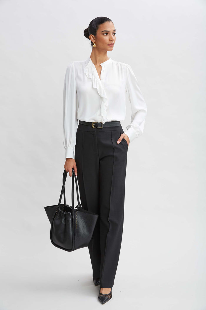 Elie Tahari Silk Ruffle Button Down Shirt FRESH PEARL