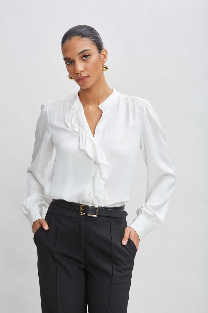elie tahari Silk Ruffle Button Down Shirt FRESH PEARL