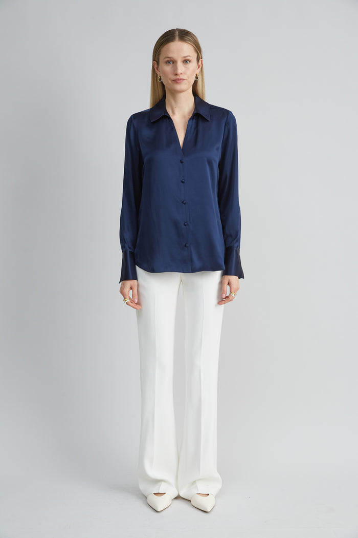 Elie Tahari Silk Satin Button Down Shirt GALAXY NAVY