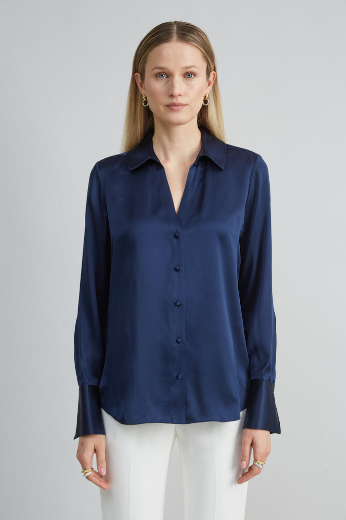 Elie Tahari Silk Satin Button Down Shirt GALAXY NAVY
