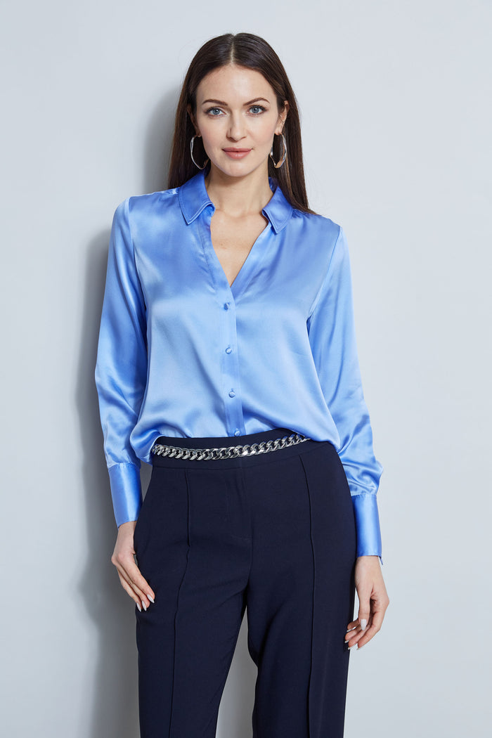 elie tahari Silk Satin Button Down Shirt HORIZON BLUE