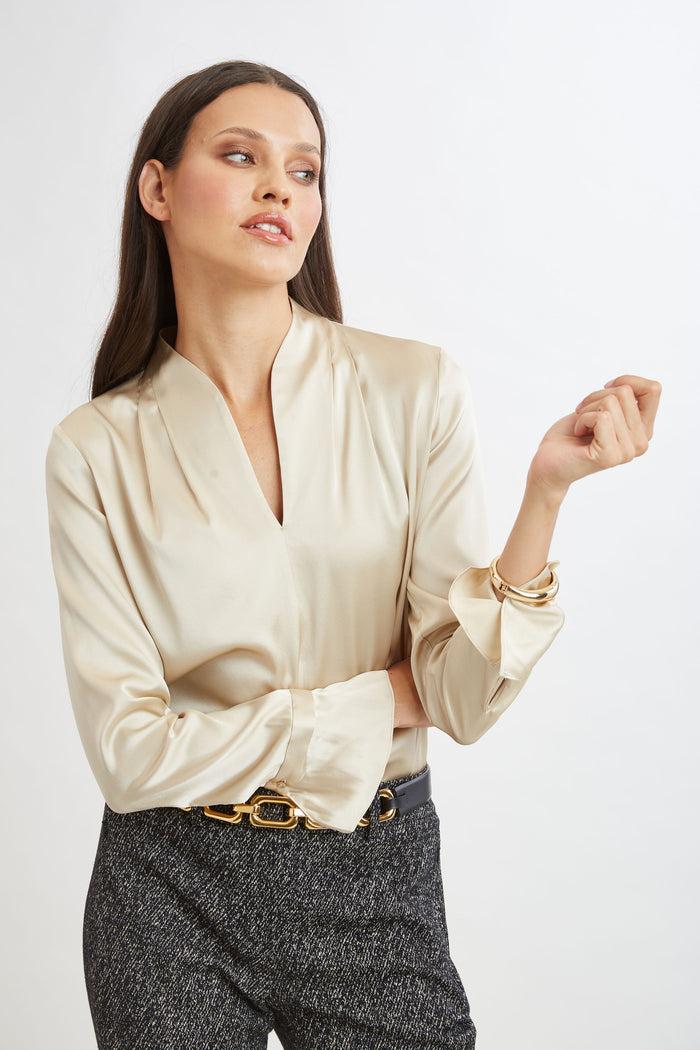 Elie Tahari Silk Satin Contour Neck Ruffle Cuff Shirt DRIFTWOOD
