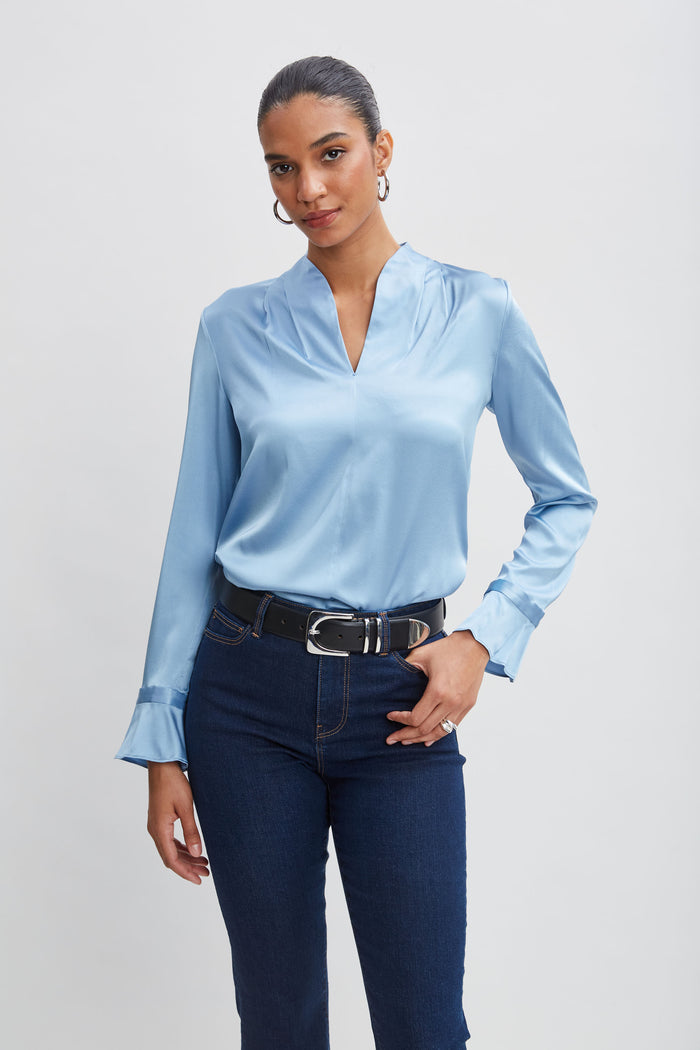 Elie Tahari Silk Satin Contour Neck Ruffle Cuff Shirt SKY BLUE