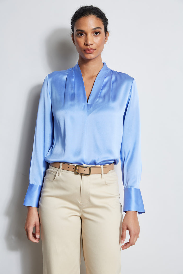 elie tahari Silk Satin Contour Neck Shirt HORIZON BLUE