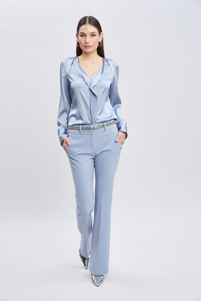 Elie Tahari Silk Satin Contour Ruffle Shirt BLUE HAZE