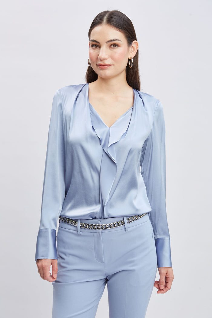 elie tahari Silk Satin Contour Ruffle Shirt BLUE HAZE