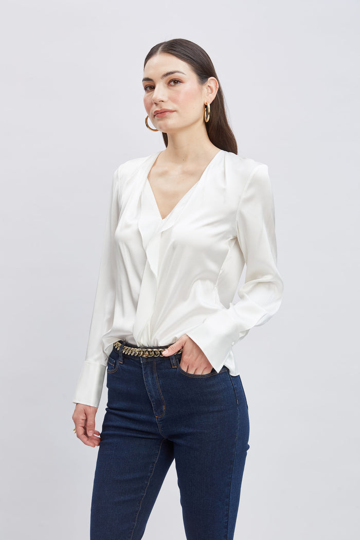 Elie Tahari Silk Satin Contour Ruffle Shirt FRESH PEARL