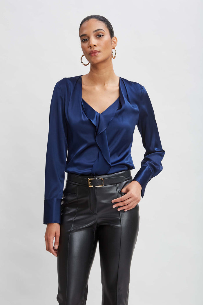 elie tahari Silk Satin Contour Ruffle Shirt MIDNIGHT