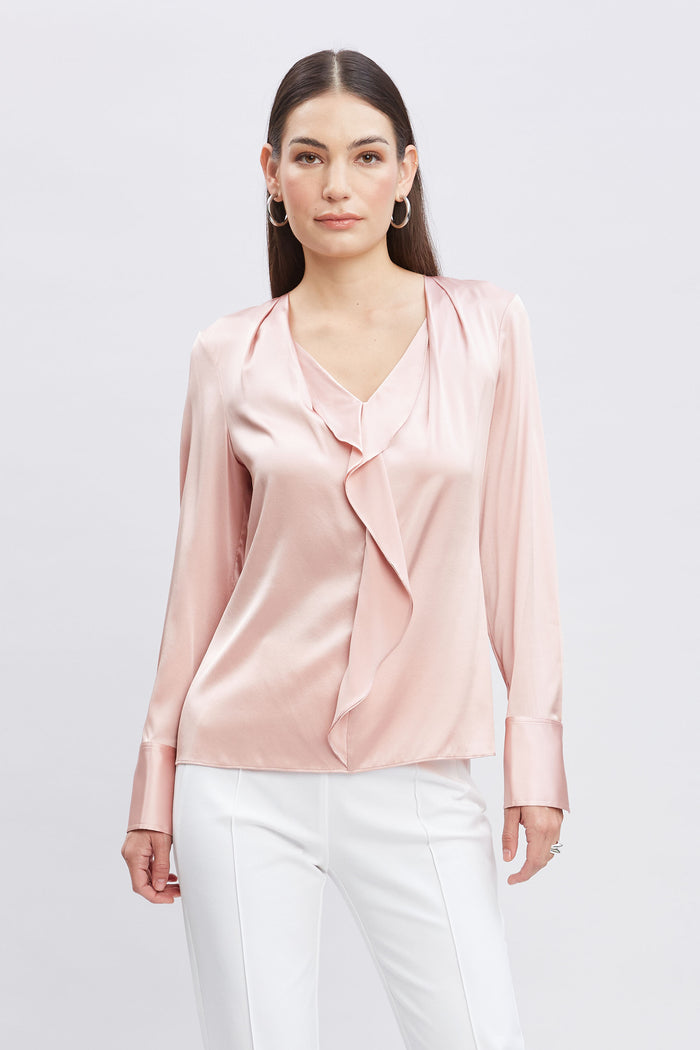 elie tahari Silk Satin Ruffle Contour Shirt PINK LEMONADE