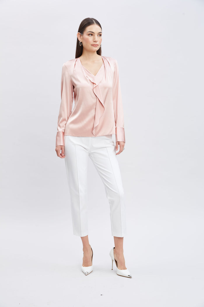 Elie Tahari Silk Satin Ruffle Contour Shirt PINK LEMONADE