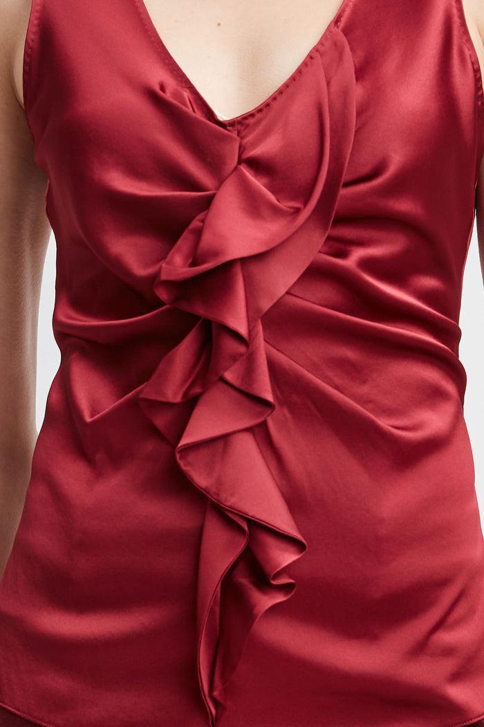 Elie Tahari Silk Satin Sleeveless Ruffle Top SANGRIA